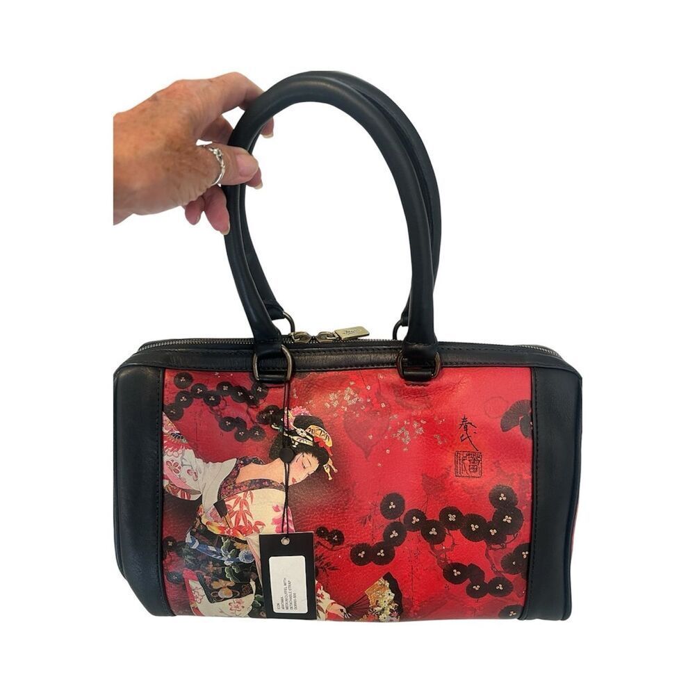 NWT Icon Los Angeles Hand Painted Red and Black Geisha Leather Satchel